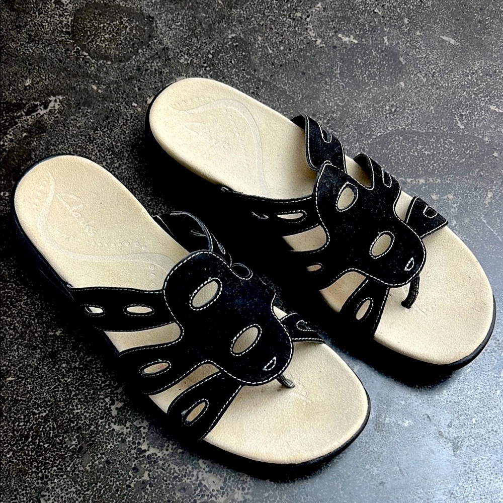 Clarks Black and Cream Sandals with Intricate Straps